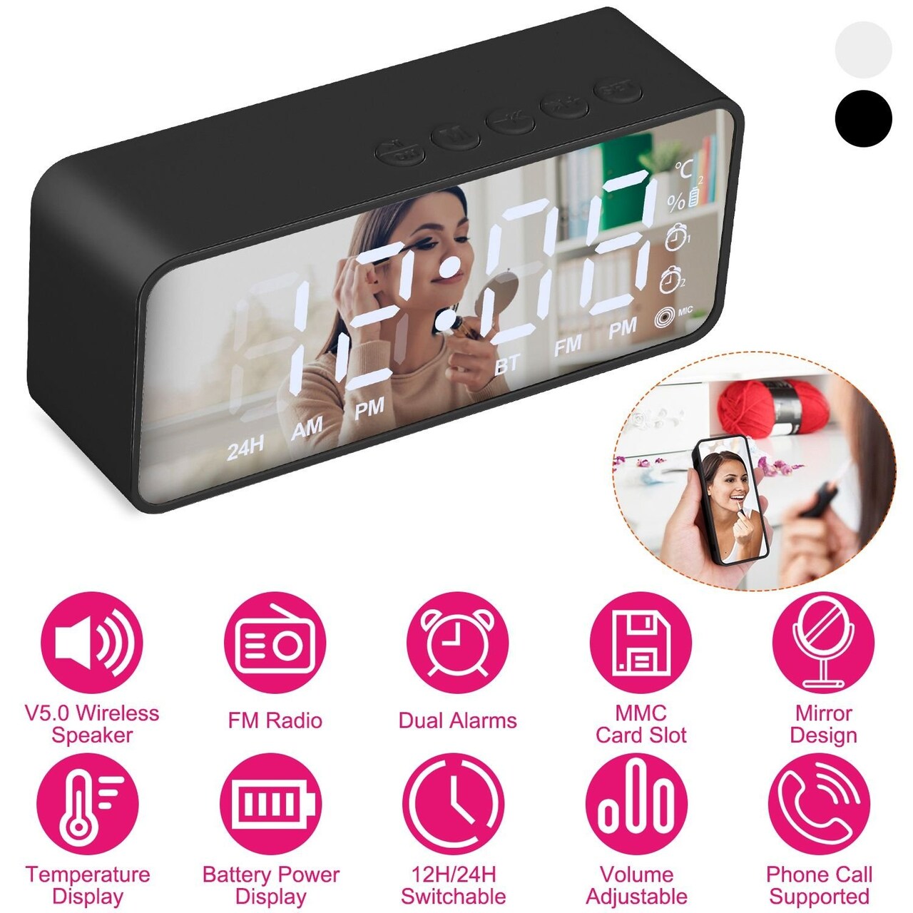 Edge Collections – Digital Alarm Clock with LED Display Wireless Speaker and FM Radio – 1 Piece